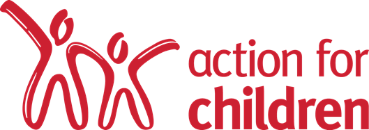 action for children text with two red people