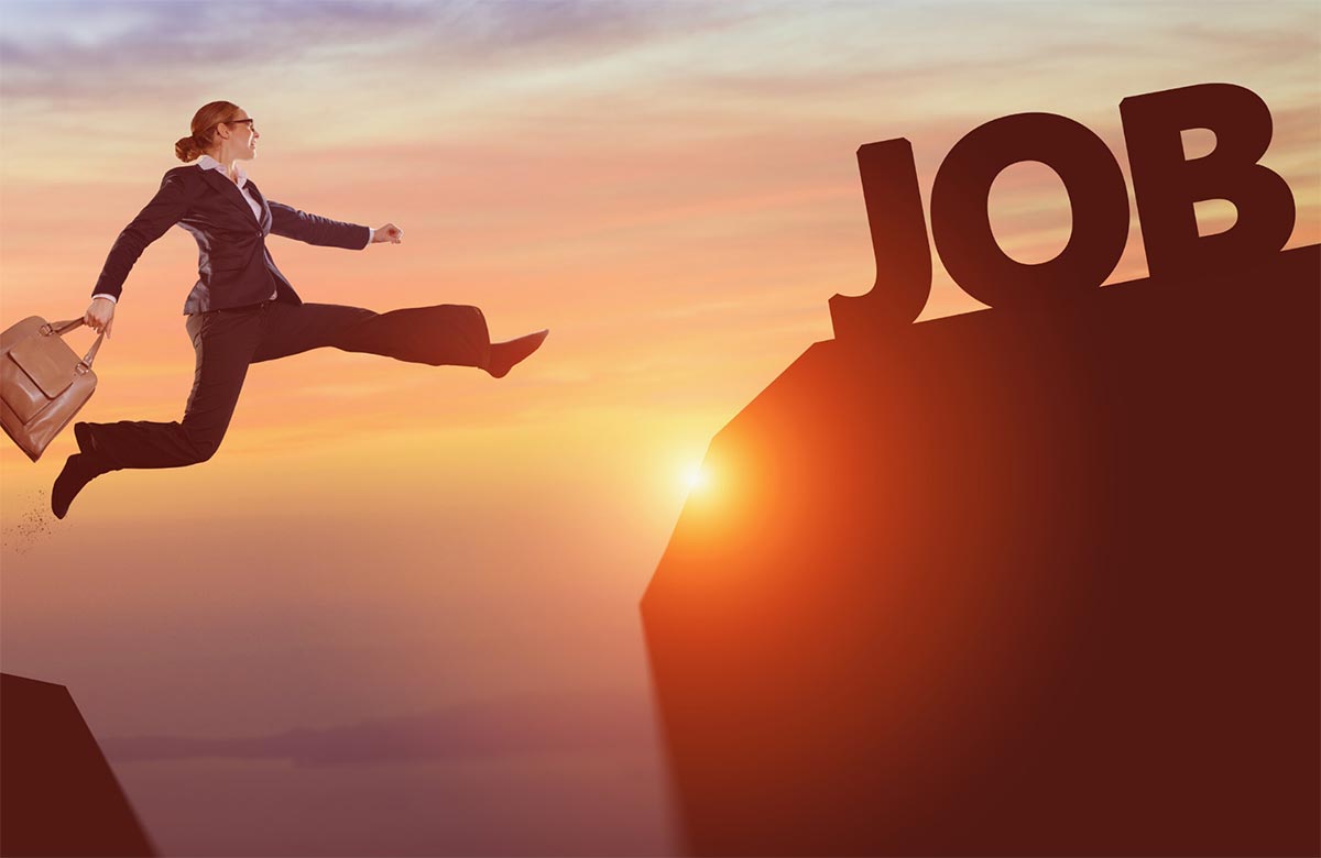 Woman leaping towards JOB letters