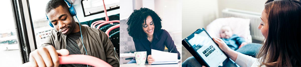 Man on bus with headphones - woman writing with coffee - woman with tablet and baby
