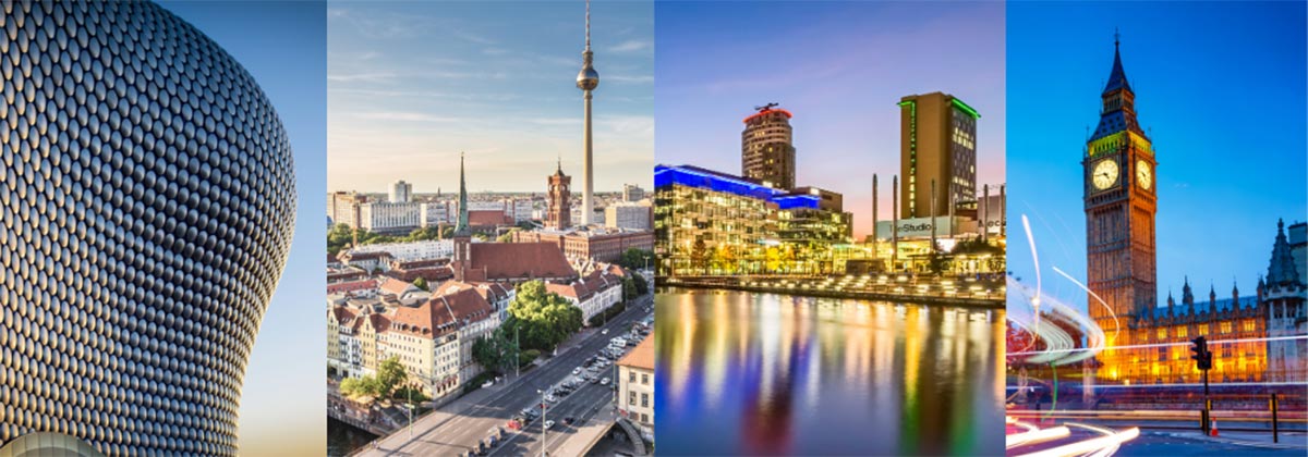 Photos of Birmingham, Berlin, Manchester, and London
