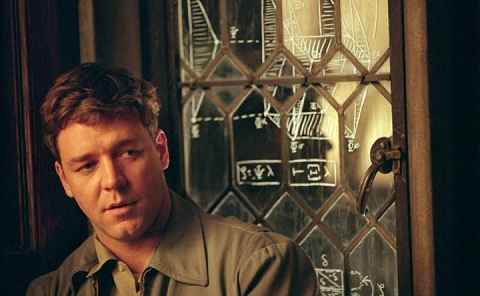 Russell Crowe leaning against a window pane