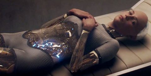Humanoid robot woman lying down on bed with arms crossed over chest